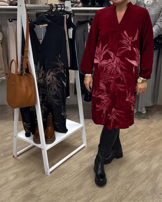 Klänning V-Ringad Bladtryck Långärmad