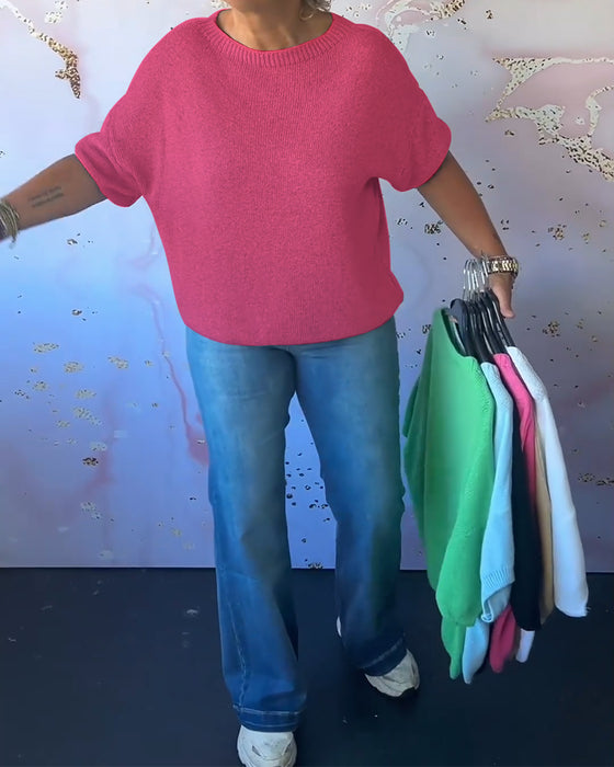 Casual lös enfärgad tröja med rund hals