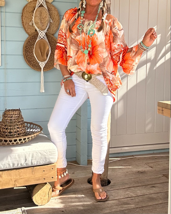 Blus Off-Shoulder Resorttryck