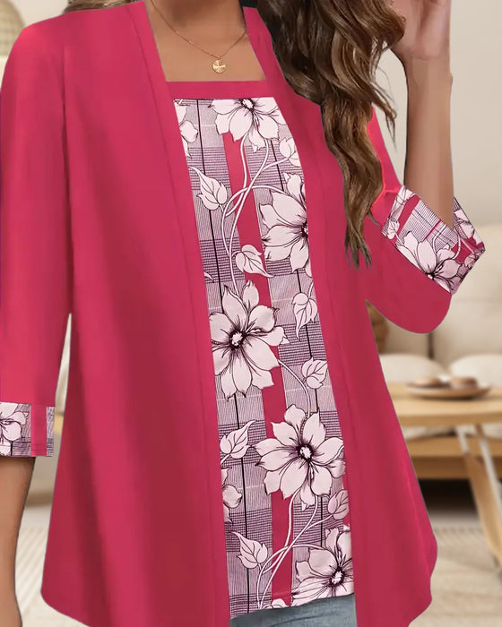 Tryckt Topp Med Lång Ärm Fejkad Tvådelad Design