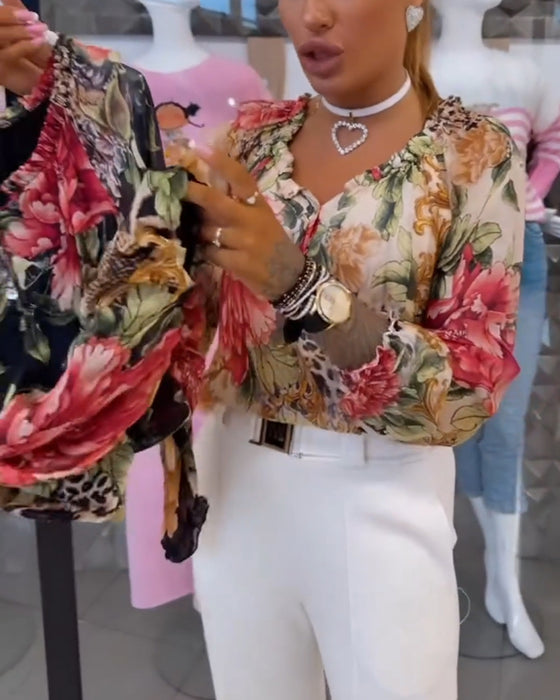 Blus Med V-Ringad Blommönster