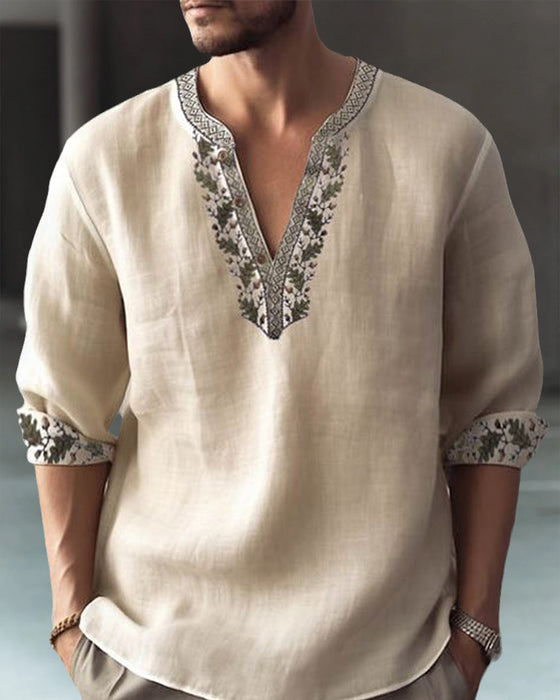 Avslappnad v-ringad tröja för män med paneltryck