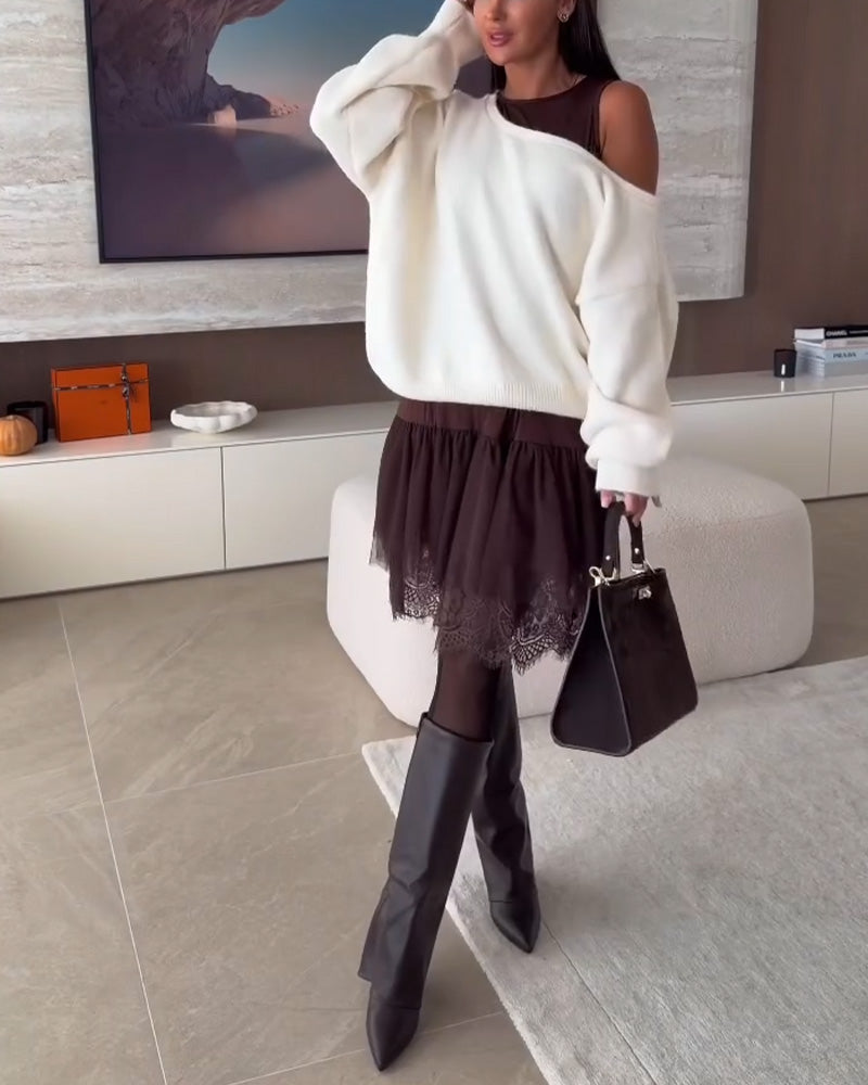 Avaxlad Lössittande Tröja & Spetsfåll Klänning