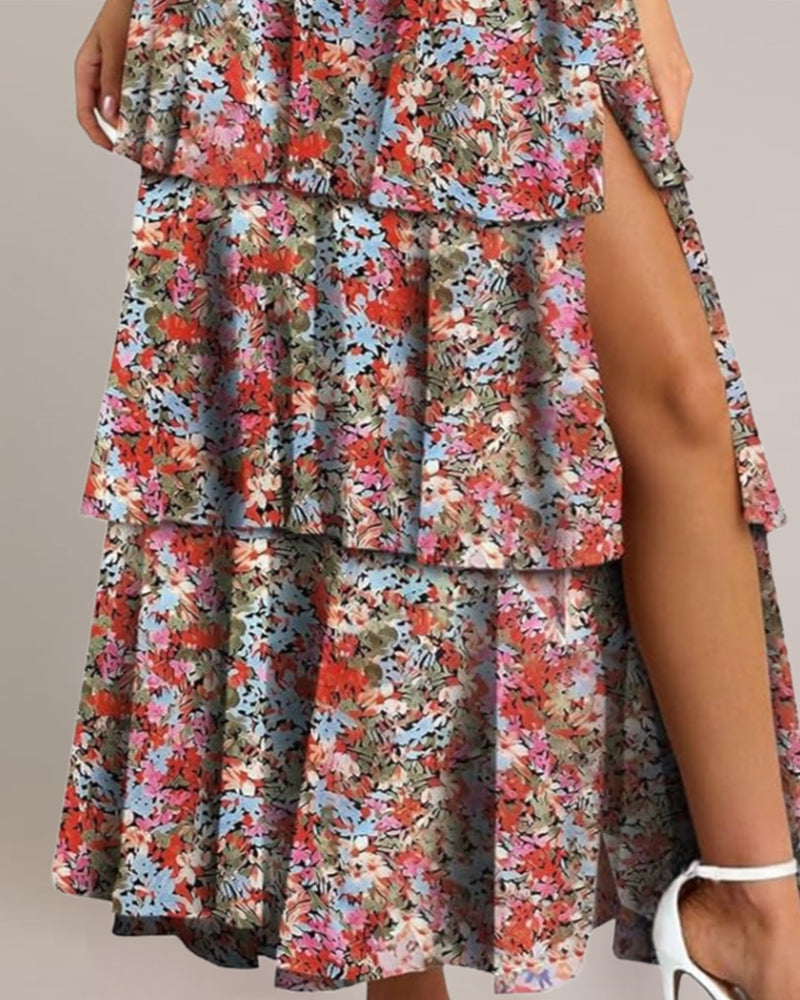 Maxiklänning V-Halsband Blomig Mångbandad Med Midjebånd