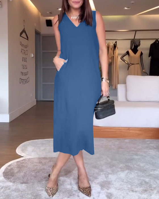 Klänning avslappnad v-ringad ärmlös enfärgad split