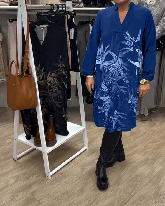 Klänning V-Ringad Bladtryck Långärmad