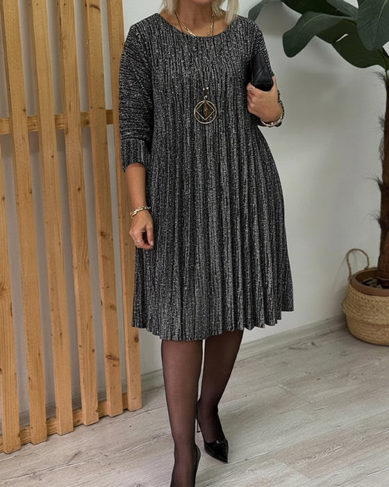 Klänning Rund Halsringning Glimmande Plisserad Mode