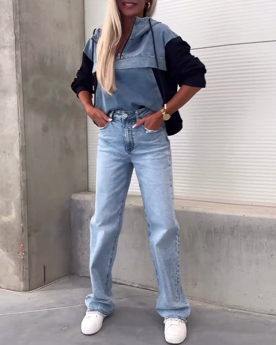 Avslappnad luvtröja med lapptäcke i denim med dragkedja