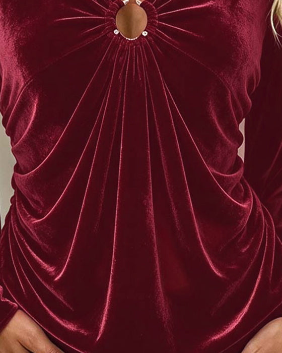 Blus Sammet V-Hals O-Ring Twist Klockärm