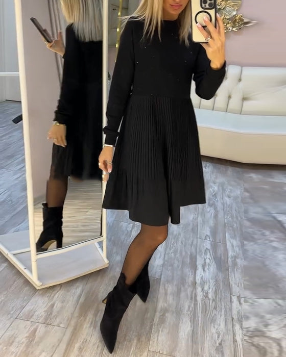 Plisserad Klänning Långärmad Rhinestone