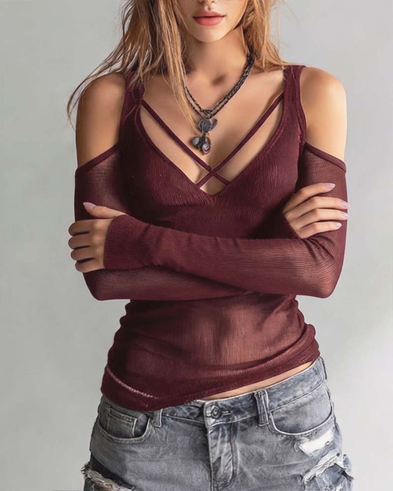Blus Kors Och Tvärs V-Hals Off-Shoulder
