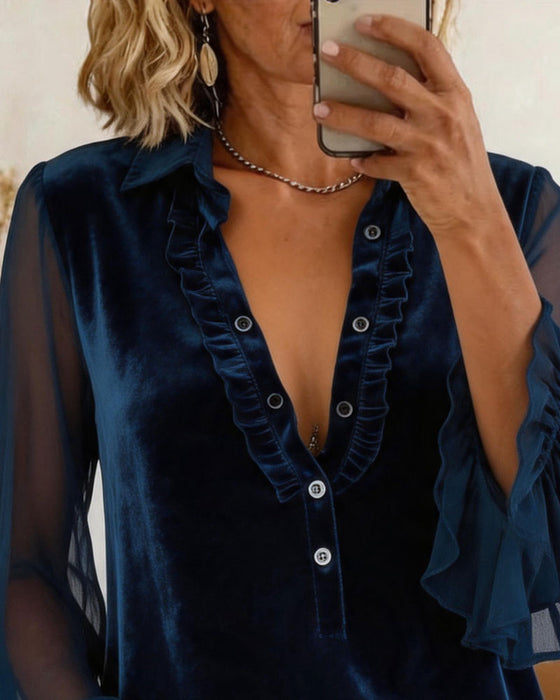 Blus Velour Lapptäcke Rynkad Ärm
