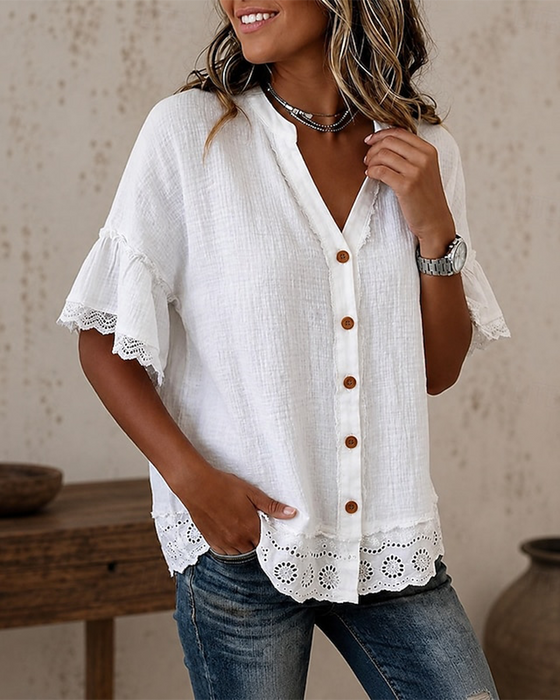 Blus V-ringad Spets Patchwork Knapp