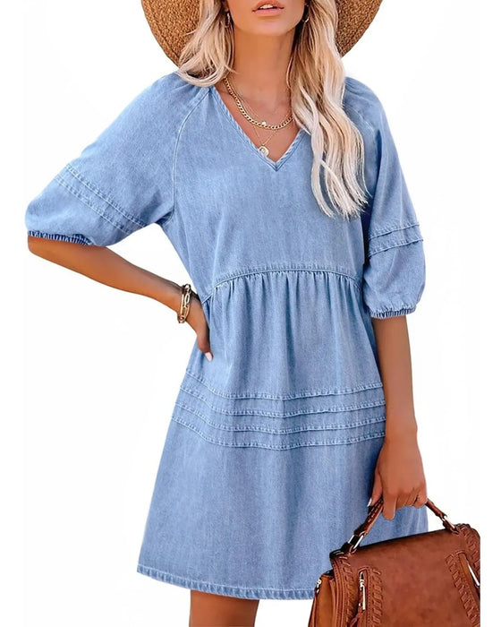 Klänningar Denim V-Hals Puff Ärm