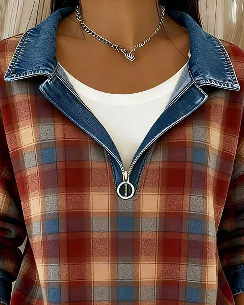 Topp Denim Krage Rutig Halv-Dragkedja
