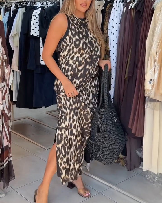 Klänning Rundhalsad Leopardmönster Ärmlös Maxi