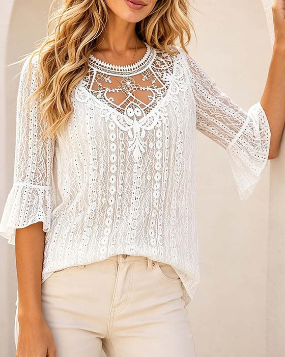 Blus Rundhalsad Hollow Out Spets Patchwork