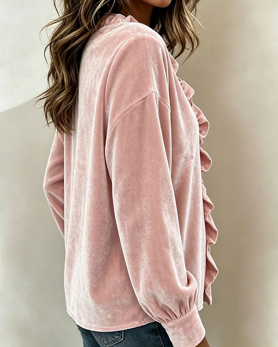 Blus V-Hals Ruffle Solid