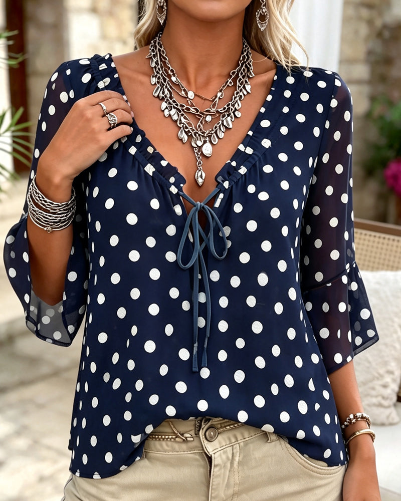 Blus Prickig V-Hals Knyt Casual