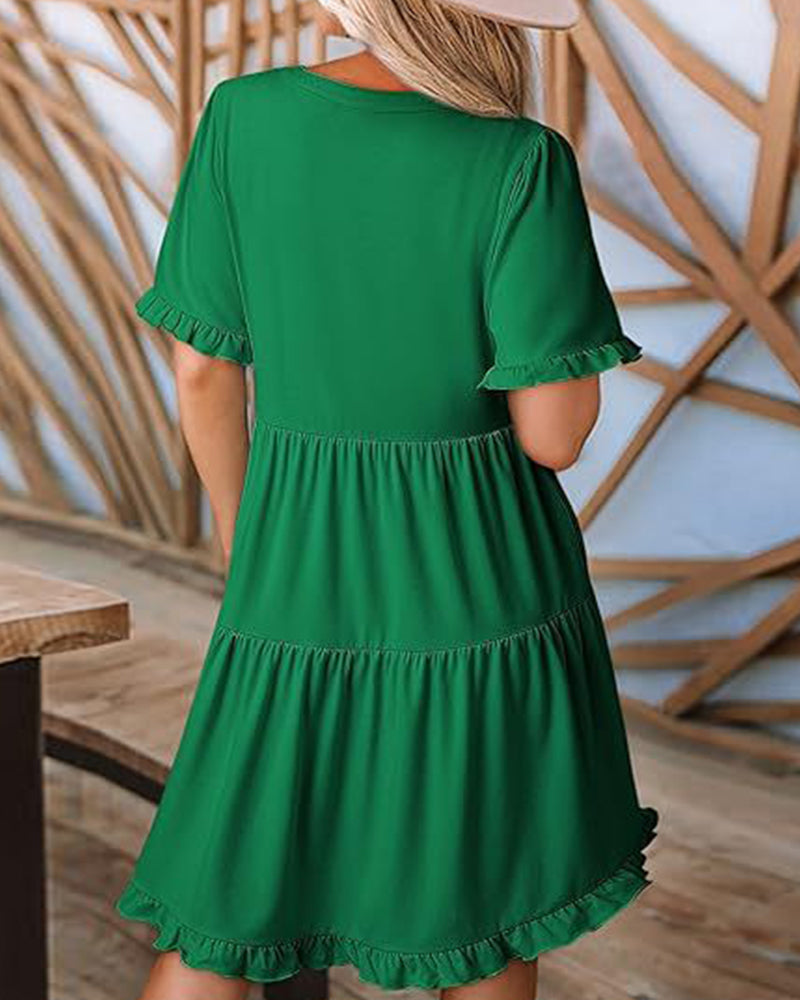 Klänning Rynkad Kant V-Ringning Lagerdelad Kant