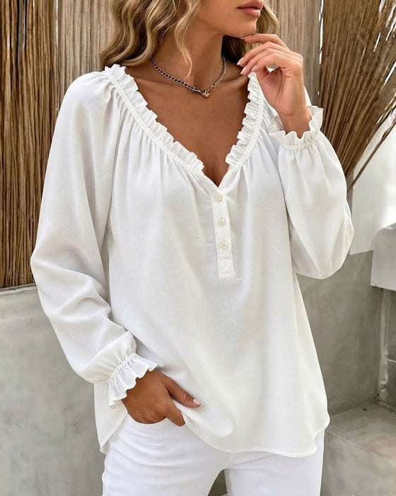 Blus Ruffle Kant Lång Ärm V-Hals