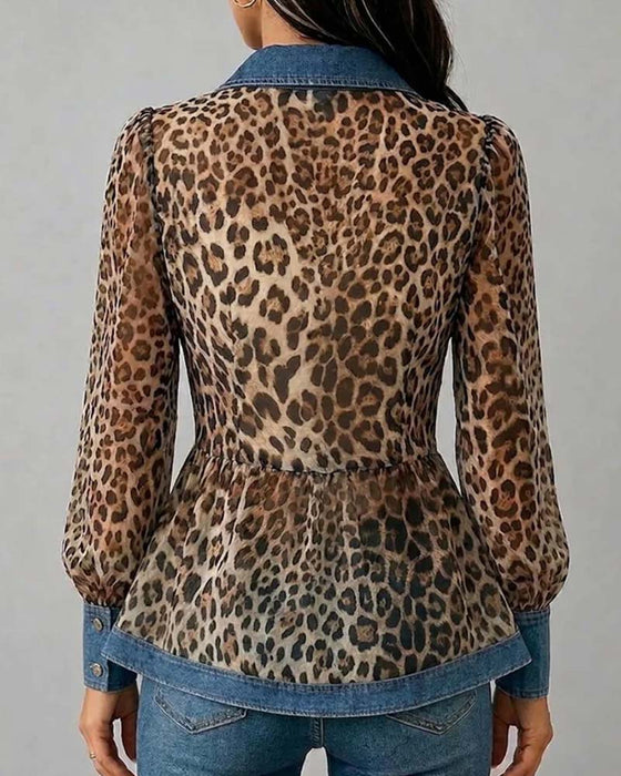 Blus Denim Leopard Patchwork Midjeknyt
