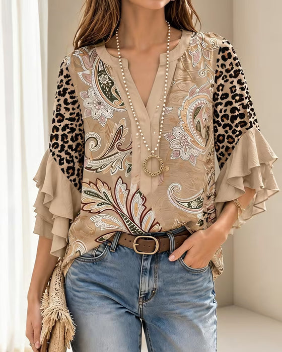 Blus Leopard Tryck Panel Ruffle Ärm