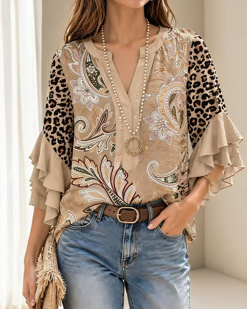 Blus Leopard Tryck Panel Ruffle Ärm