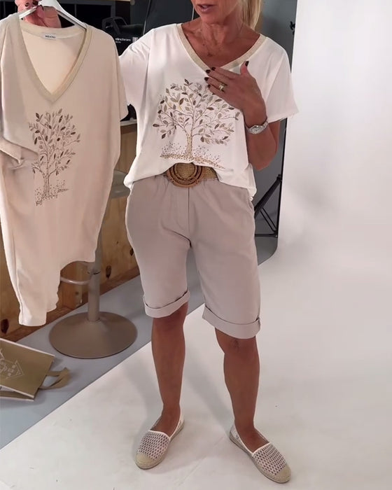 T-Shirt V-Ringad Tryckt Mångsidig