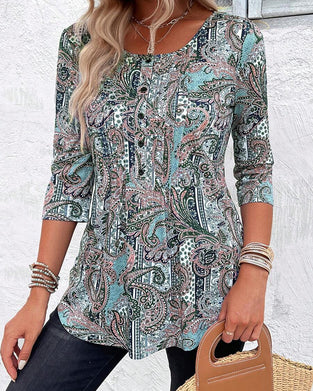 Blus Trekvartsärm Vintage Tryck