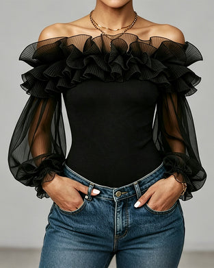 Topp Off-Shoulder Nät Volang Enfärgad