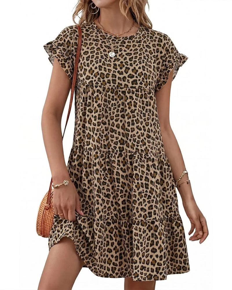 Klänning Ruffle Ärm Leopard Skiktad