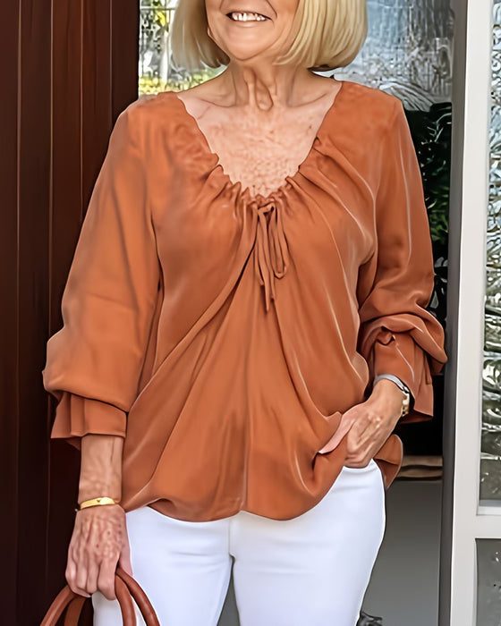 Blus V-Hals Rynkad Knytning Casual