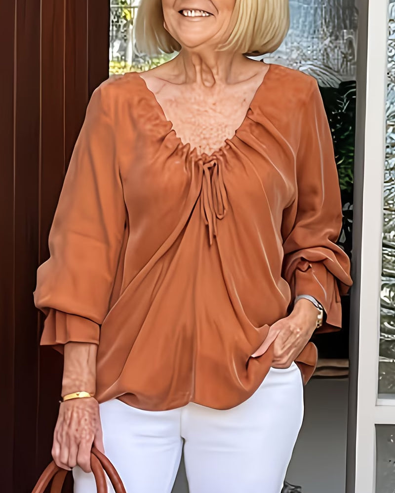 Blus V-Hals Rynkad Knytning Casual