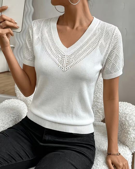Pullovers Med V-Hals, Hålmönster, Enfärgade, Figurpassande
