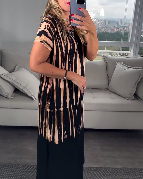 Klänning avslappnad kortärmad slits rund hals tryckt