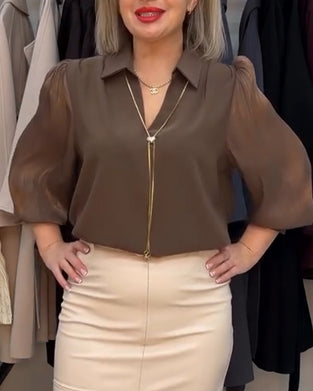 Blus Elegant Krage Chiffong Puffärm
