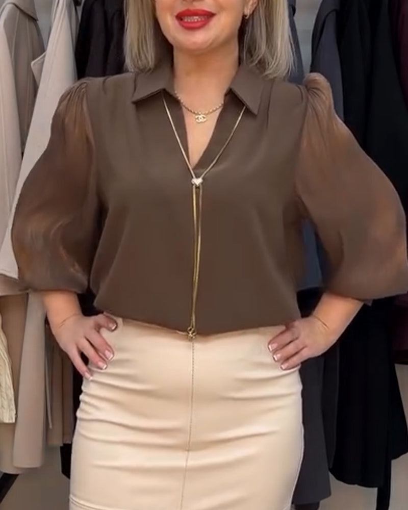 Blus Elegant Krage Chiffong Puffärm