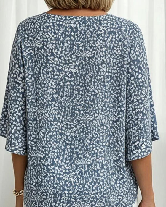 Blus V-Hals Splitt Klockärm Blommig Armbågslång