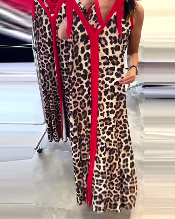 Klänning Ärmlös Elegant Leopardmönster Kontrast