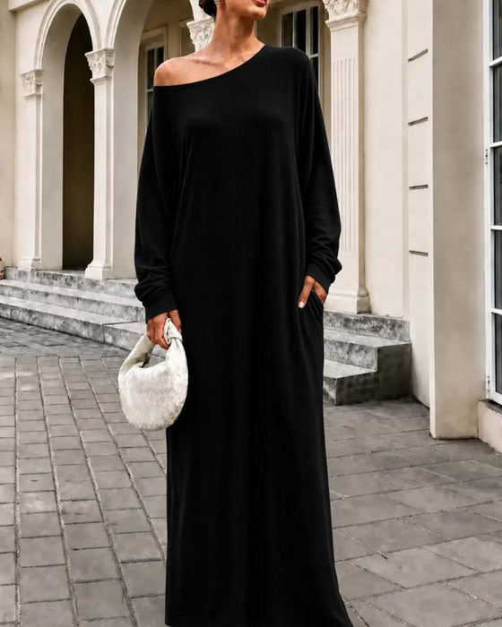 Klänning Asymmetrisk Off-Shoulder Lång Ärm Ficka Maxi