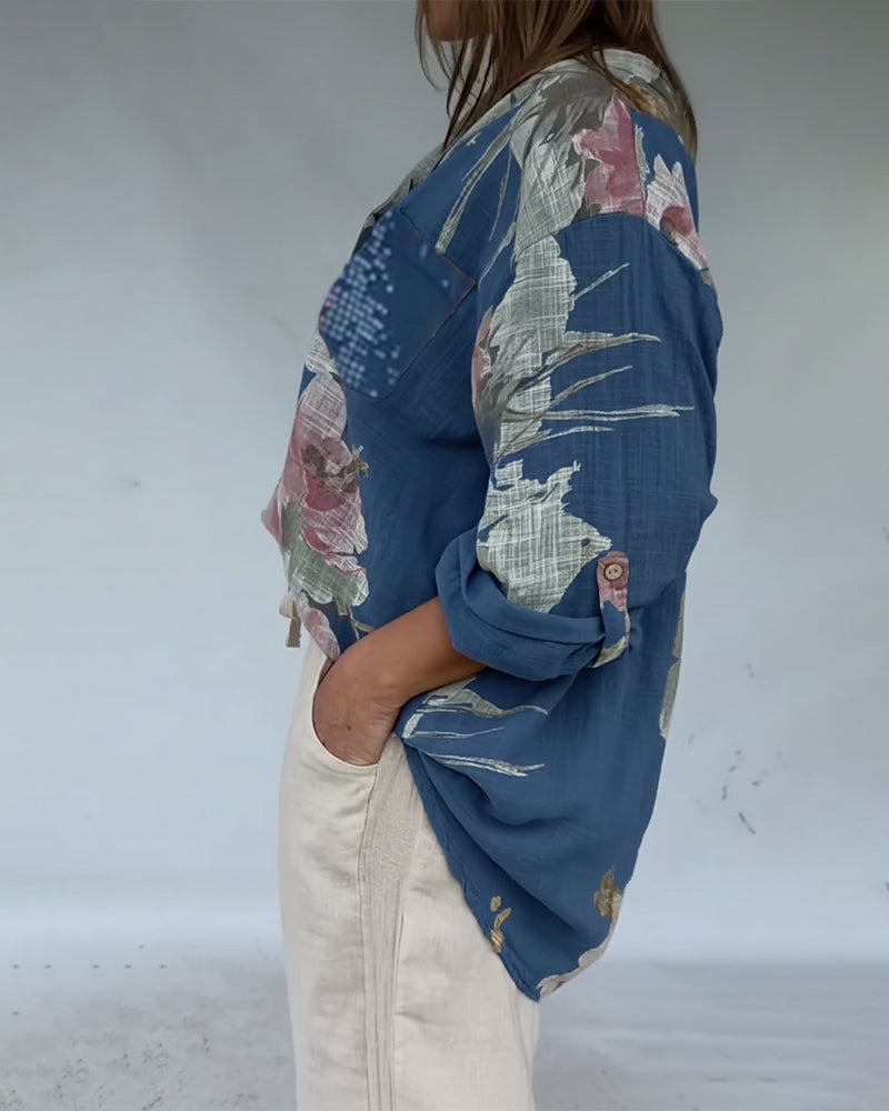 Blus Öppen Fram Glitter Patchwork Tryckt