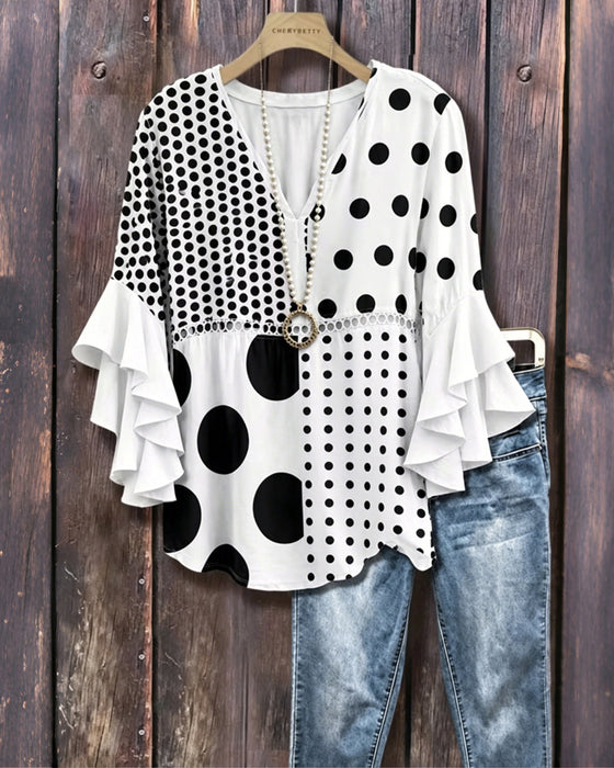 Blus Blandad Prickig Patchwork Ruffle