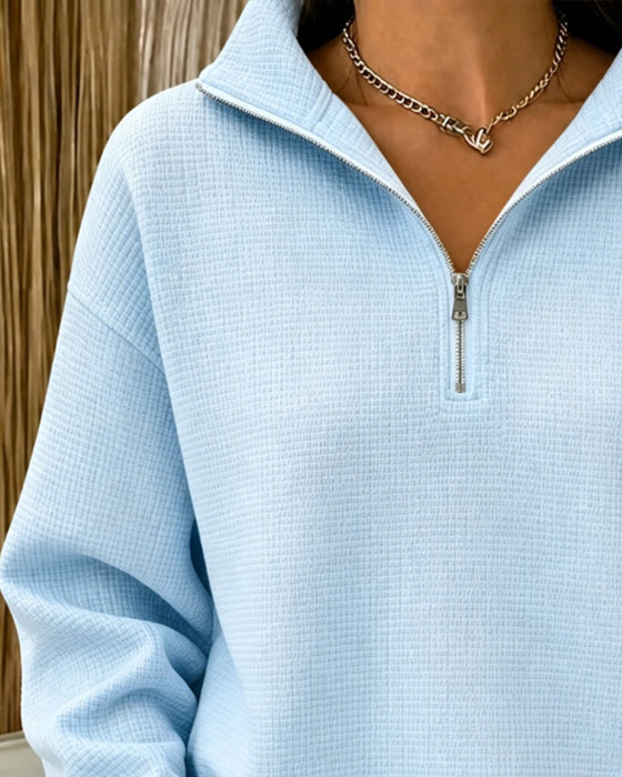 Sweatshirt Halv Dragkedja Våffla Lång Ärm