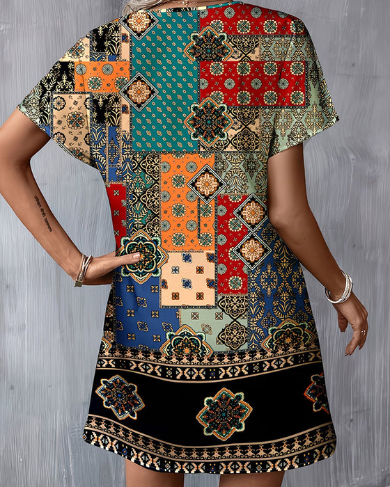 Klänning Etnisk Färgblock Kort Ärm