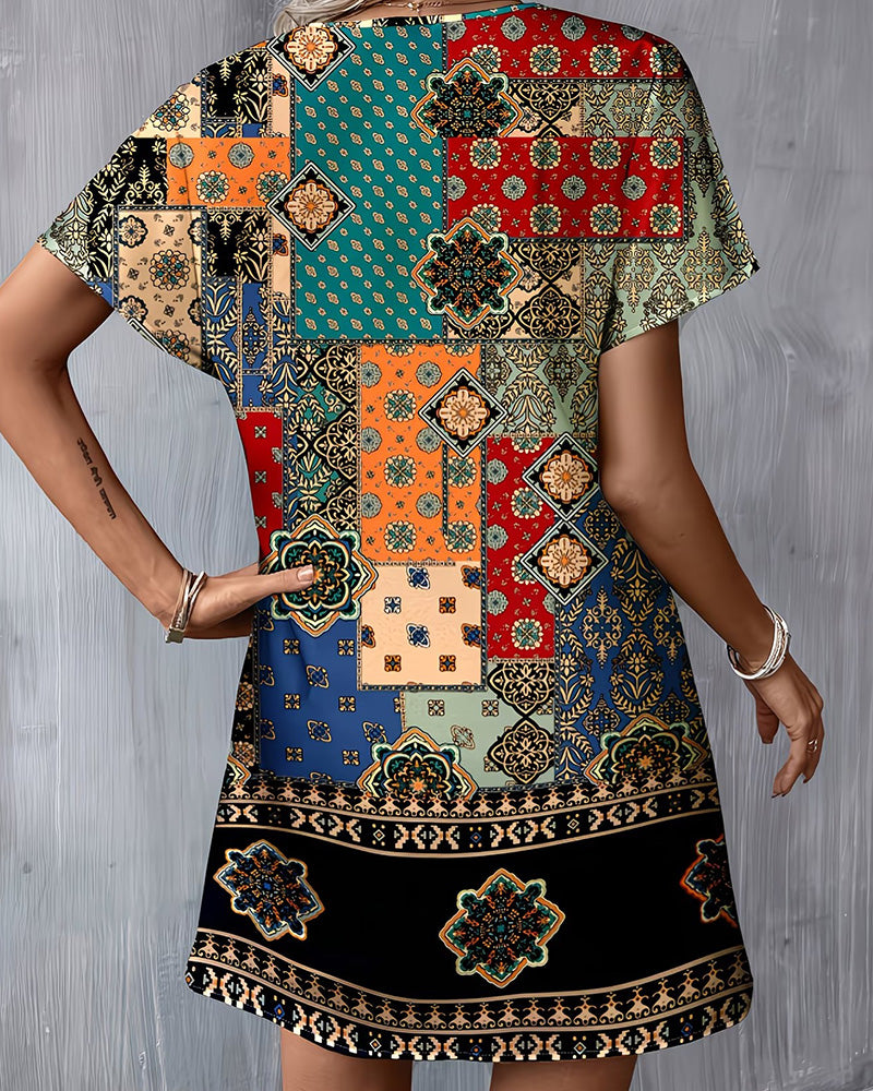 Klänning Etnisk Färgblock Kort Ärm