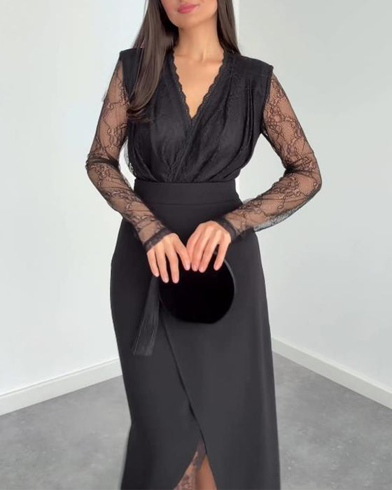 Två-Dels Set Med V-Hals Spets Top, Asymmetrisk Midikjol Och Elegant Stil