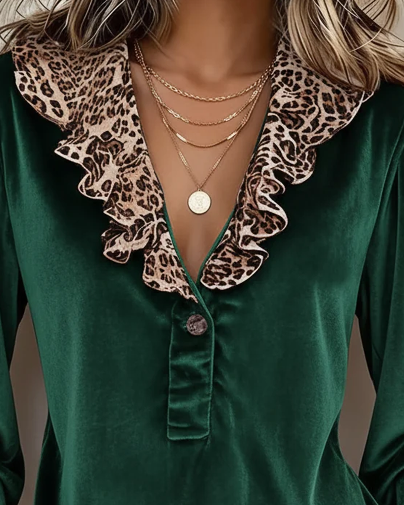 Topp V-Hals Knapp Ruffle Leopard