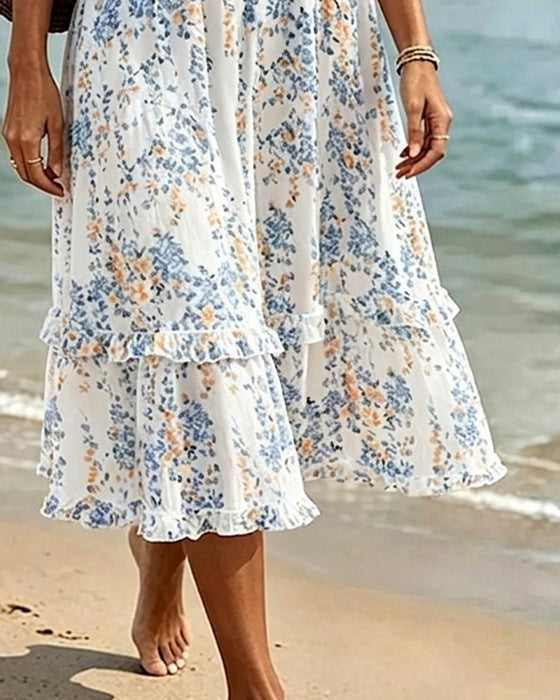 Klädning Blommig Ruffle V-Hals Patchwork