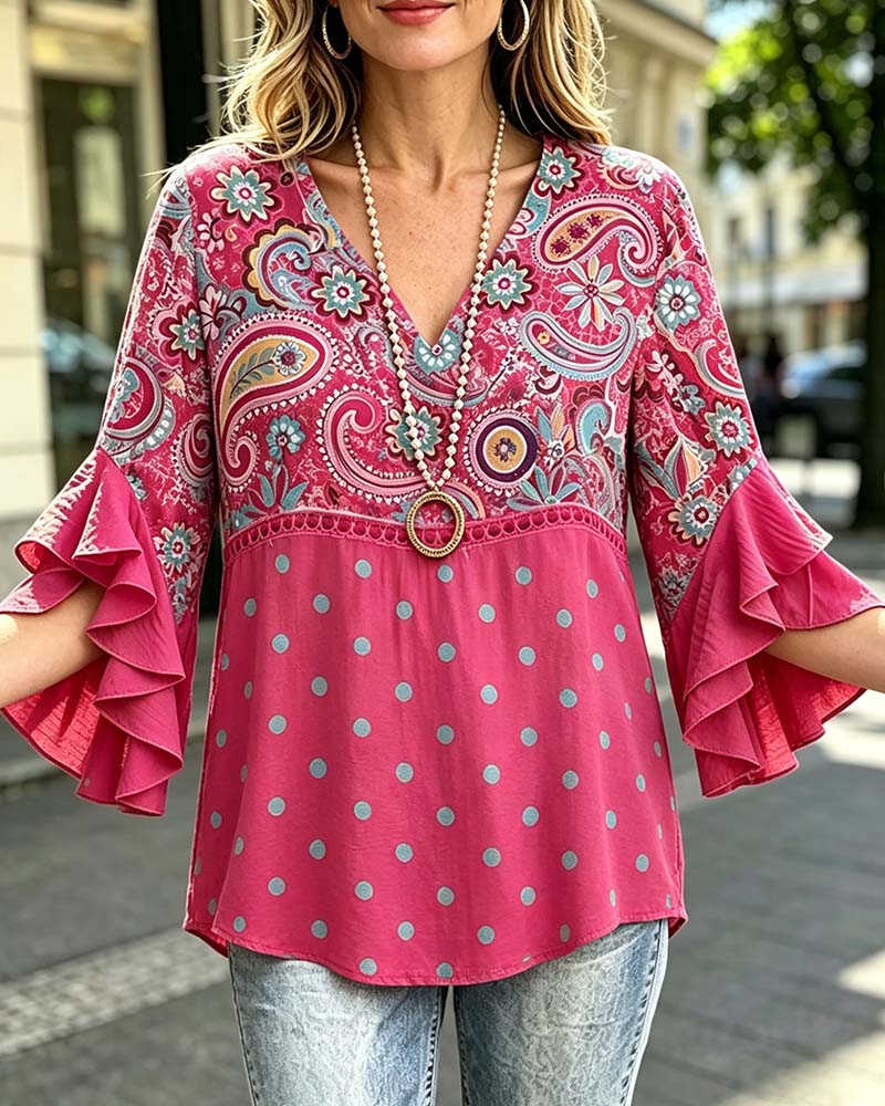 Blus V-Hals Blommig Prickig Ruffle